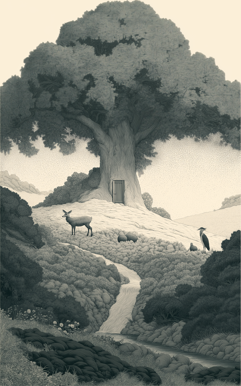 A great tree on a hill with a small door at the foot of its trunk, drawn in fine ink linework on bone paper. A deer and a heron stand on the slope among resting animals, and a brook winds down through the grass.